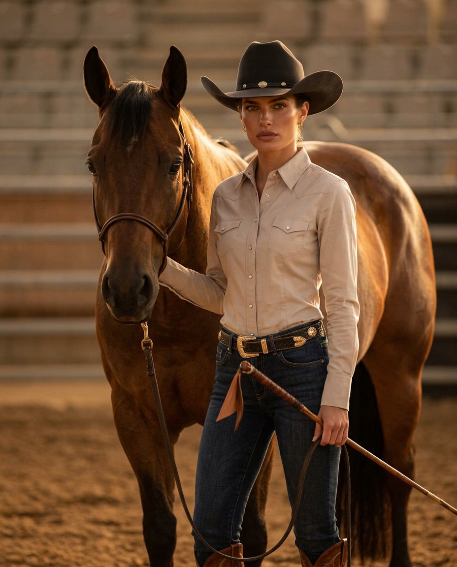NCHA cutting horse trainer in western attire beside a Quarter Horse